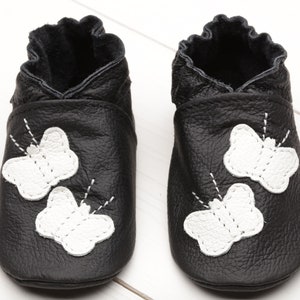 Black Leather Baby Shoes, Soft Sole Baby Shoes, Baby Moccasins, Infant / Toddler Slippers, Newborn Booties, White Butterfly Baby Shower Gift