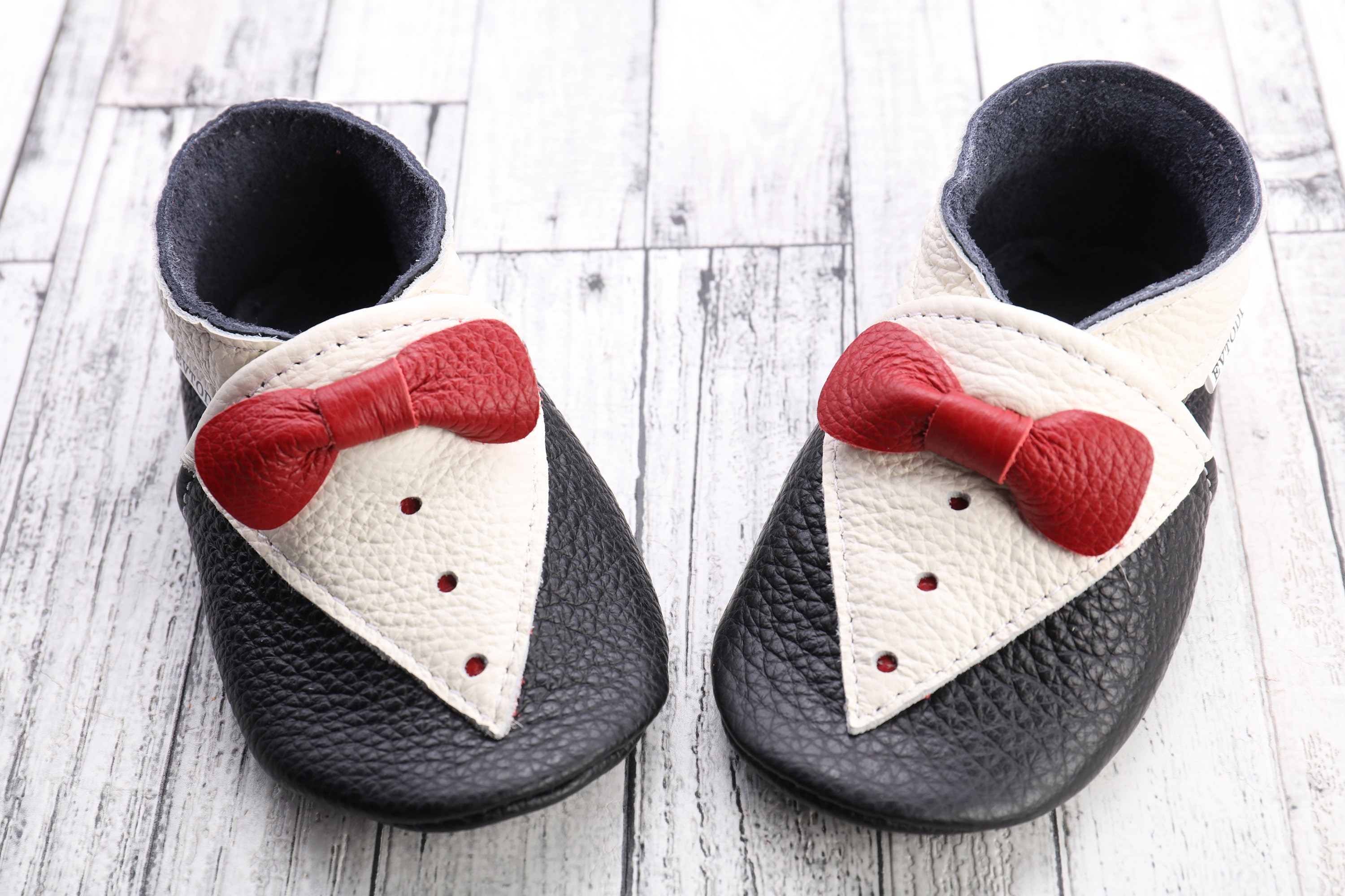 Wedding Baby Shoes Black Tuxedo with Bow White Bib Soft Sole Toddler Shoes Infant Shoes Leather Baby Moccasins Baby Tuxedo Boys Evtodi