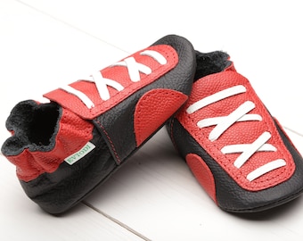 Black & Red Babyschuhe, Leder Babyschuhe, Kleinkindschuhe mit weicher Sohle, Baby Mokassins, Neugeborene / Kleinkinderschuhe, Babyhausschuhe, Baby Turnschuhe Dusche