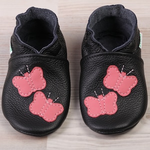Black Baby Shoes, Girls, Leather Baby Moccasins, Soft Sole Toddler Slippers, Infant/Newborn Shoes, Pink Butterfly Baby Shower, Gifts, Evtodi