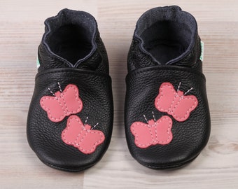 Black Baby Shoes, Girls, Leather Baby Moccasins, Soft Sole Toddler Slippers, Infant/Newborn Shoes, Pink Butterfly Baby Shower, Gifts, Evtodi