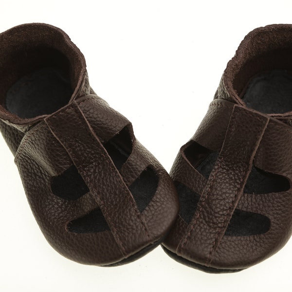 Chocolate/ Brown, Leather Baby Shoes, Hearts/T-strap Baby Shoes, Toddler Moccasins, Soft Sole Baby Shoes, Baby Sandals, Infant Shoes