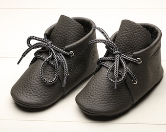 Dark Gray Oxford Toddler Shoes, Leather Lace Up Boots, Soft Sole Baby Shoes, Baby Crib Moccasins, Infant/Baby Shoes, Unisex Baby Gift,Evtodi