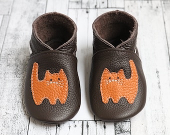 Brown Baby Shoes with Orange Cat, Soft Sole Baby Shoes, Baby Moccasins, Leather Infant /Toddler Shoes, Girls, Boys, Baby Gifts, Evtodi