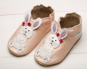Bunny Baby Shoes, Pale Pink Leather Baby Shoes, Soft Sole Infant Shoes, Baby Moccasins, Newborn Slippers, Rabbit Easter Gift, 0-6/6-12 month