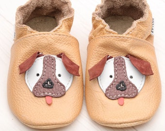 Zapatos de bebé de piel color canela con perrito – Mocasines de suela blanda para niños y niñas, disfraz de cachorro