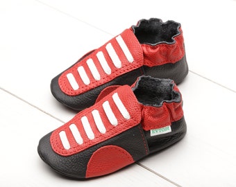 Black & Red Sneakers Baby Shoes, Leather Baby Moccasins, Infant Shoes, Soft Sole Baby Boy Shoes, Toddler Shoes, Baby Booties, Unisex Gift