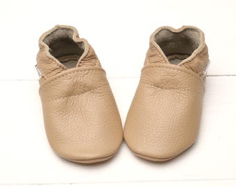 Bruine babyslofjes, leren babyslofjes, babyslofjes met zachte zool, beige pasgeboren slofjes, babyslofjes, babymocassins, peuterschoenen, jongens, meisjes