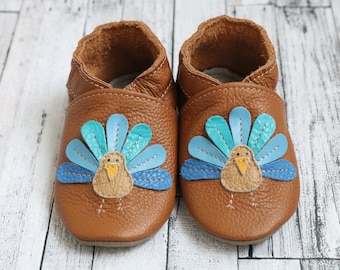 Caramel/ Brown Baby Shoes with Blue Peacock, Baby Turkey, Soft Sole Baby Shoes, Kids/Toddler/Infant Moccasins, Leather Baby Booties, Evtodi