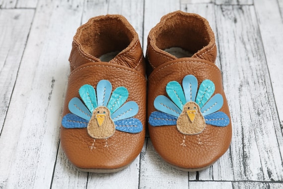 Caramel Brown Baby Shoes With Blue Peacock Baby Turkey Soft