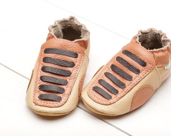 Beige and Light Orange Soft Sole Baby Shoes, Sports Shoes, Newborn Shoes, Leather Child Slippers Girl, Crib Baby Shoes Boy, Unisex Baby Gift