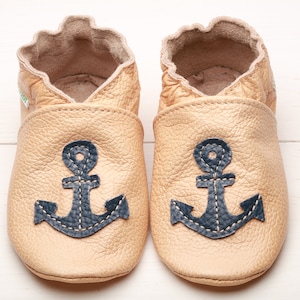 Nautical Baby Shoes, Tan Leather Baby Shoes, Soft Sole Toddler/Infant Shoes, Baby Moccasins/Booties, Girls&#39;, Boys&#39;, Anchor Baby Shower Gifts