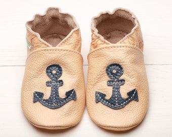 Nautical Baby Shoes, Tan Leather Baby Shoes, Soft Sole Toddler/Infant Shoes, Baby Moccasins/Booties, Girls', Boys', Anchor Baby Shower Gifts