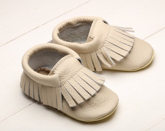 Ivory Leather Baby Shoes, Fringe Baby Moccasins/Slippers, Soft Sole Baby Shoes, Toddler Wedding Shoes, Child/Infant Shoes, Evtodi