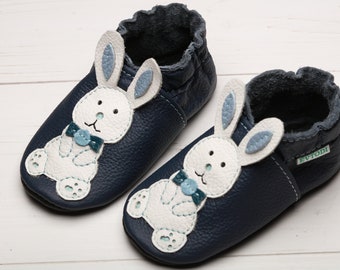 Easter Bunny Shoes Baby, Navy Blue Leather Baby Shoes, Soft Sole Toddler/Infant Shoes/ Moccasins, Baby Booties/Slippers, Rabbit Baby Gifts