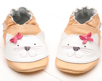 Tan Baby Shoes, Leather Baby Shoes, Soft Sole Baby Shoes, Infant Shoes, Toddler Slippers, Child Shoes, Crib Shoes, Girls', Cat Shower Gift