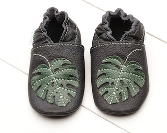 Black Baby Shoes, Tropical Baby Shoes Leather, Soft Sole Baby Shoes, Toddler Shoes, Monstera Baby Shower, Unisex, Infant Shoes, Baby Moccs