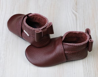 Zapatos de bebé de piel con suela suave, color burdeos/cereza oscuro,  andador, para bebés, zapatillas/botines para recién nacidos, con lazo, de  a
