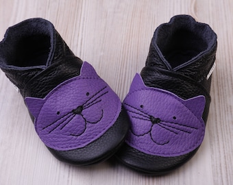 Sapatos/Mocassins de Couro Preto e Roxo para Bebê, Sapatos de Sola Macia para Crianças, Botinhas para Recém-Nascidos, Sapatos para Berço, Meninas, Meninos, Presentes para Bebês com Tema de Gato, Evtodi