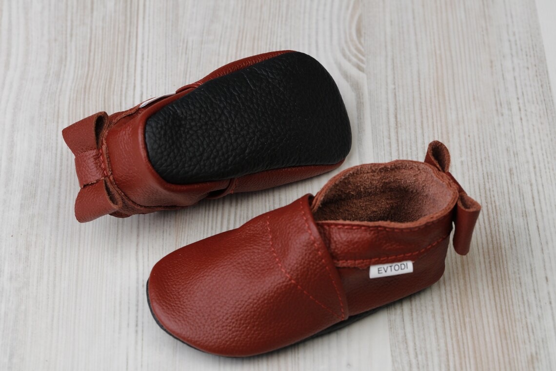 Dark Red Leather Baby Shoes Soft Sole Baby Shoes Baby Etsy