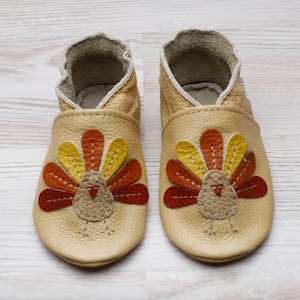 Tan Leather Baby Shoes, Soft Sole Baby Shoes, Kids/Toddler/Infant Moccasins, Baby Booties, Orange Peacock/Turkey Thanksgiving Gifts, Evtodi