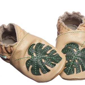 Tan Leather Baby Shoes, Soft Sole Baby Shoes, Tropical, Leaf, Baby Moccasins, Walker Shoes, Infant Shoes, Monstera Baby Shower Gift, Evtodi image 8