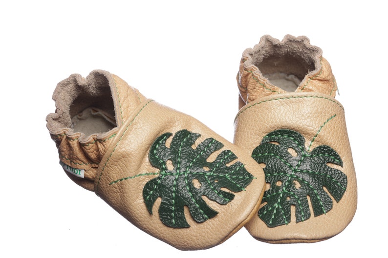 Tan Leather Baby Shoes, Soft Sole Baby Shoes, Tropical, Leaf, Baby Moccasins, Walker Shoes, Infant Shoes, Monstera Baby Shower Gift, Evtodi image 8