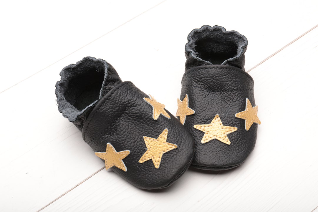 Black Baby Shoes, Golden Stars, Leather Soft Sole Baby Shoes, Infant
