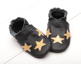 Black Baby Shoes, Golden Stars, Leather Soft Sole Baby Shoes, Infant Shoes, Baby Moccasins, Girls', Boys', Celestial Baby Shoes Shower Gifts