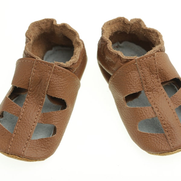 Karamell-Leder-Baby-Sandalen, Herz / T-Riemen-Baby-Schuhe, Baby-Schuhe mit weicher Sohle, Kleinkind-Mokassins, Sommer-Säuglings-Sandalen, Mädchen, Jungen, Evtodi