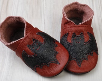 Black Bat, Terracotta/Red Leather Baby Shoes, Halloween Baby Shoes, Soft Sole Toddler/Infant Shoes, Baby Moccasins/Booties, Girl, Boy, Gifts