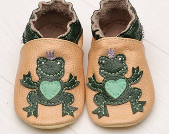 Tan Baby Shoes, Leather Baby Shoes, Soft Sole Baby Shoes, Toddler Moccasins/Slippers, Newborn Booties, Girls, Boys, Unique Gift Frog, Evtodi