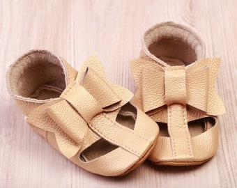 Gold Soft Sole Baby Shoes, Leather Baby Shoes, Baby Moccasins, Toddler Shoes, Newborn/Infant Shoes, Baby Booties, Bow, Shower Gift, Evtodi