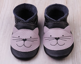 Black&Very Light Purple Cat, Leather Baby Shoes, Soft Sole Toddler/Infant Shoes, Baby Moccasins, Newborn Slippers, Girls', Boys', Baby Gifts