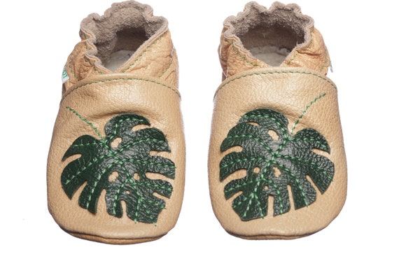 Tan Leather Baby Shoes, Soft Sole Baby Shoes, Tropical, Leaf, Baby Moccasins, Walker Shoes, Infant Shoes, Monstera Baby Shower Gift, Evtodi