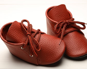 Terracotta/Red Oxford Toddler Shoes, Leather Lace Up Boots, Soft Sole Baby Shoes/Moccasins, Newborn/Infant Shoes, Unisex Baby Gift,Evtodi