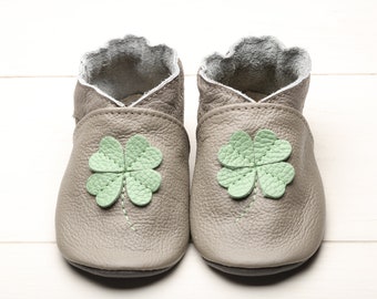 Shamrock Baby Shoes, Leather Toddler Moccasins, Grey Infant Shoes, Soft Sole Baby Shoes, Newborn Shoes, Irish Baby Gift,Size 0-6, 6-12 month