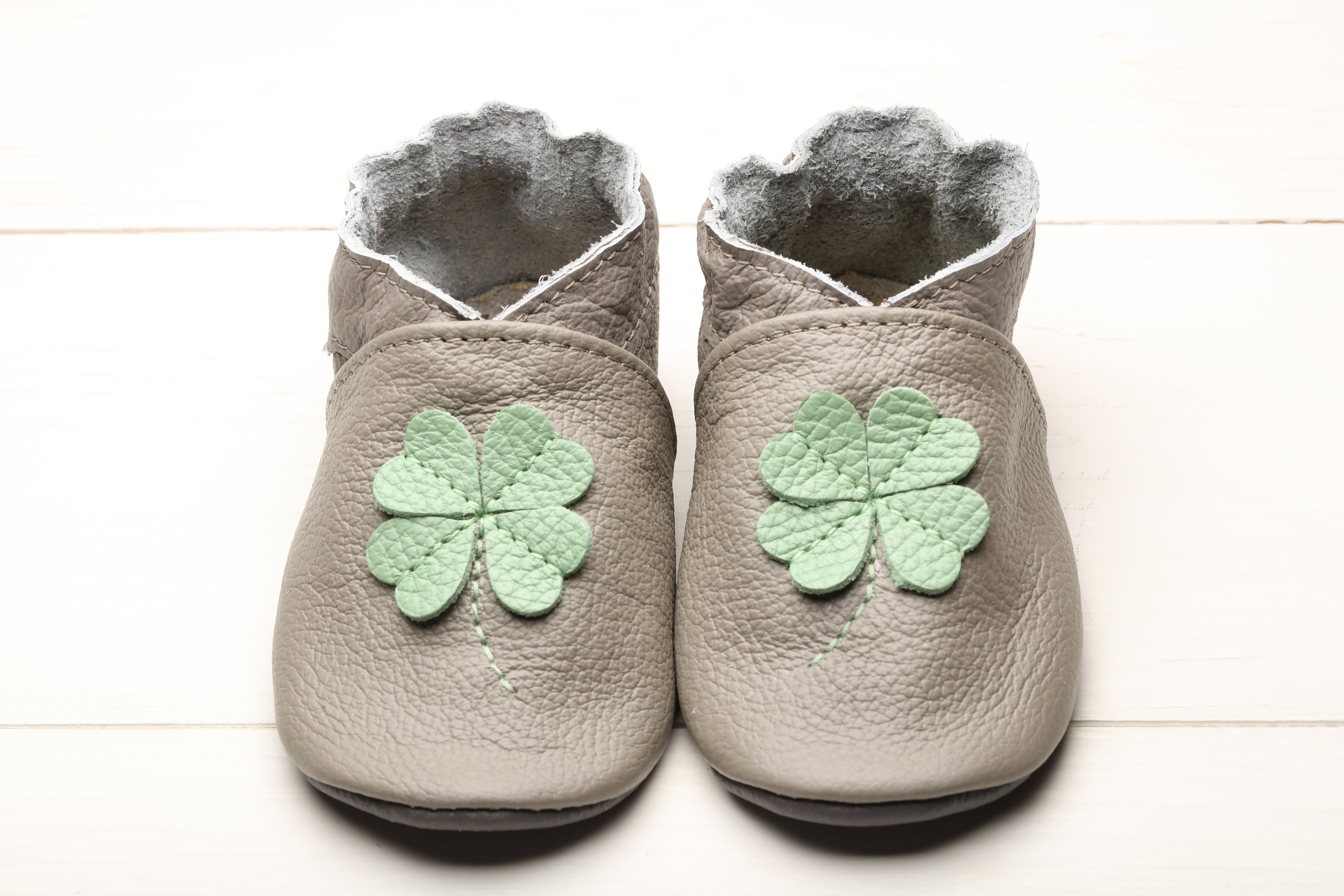 Shamrock Baby Shoes, Leather Toddler Moccasins, Grey Infant Shoes, Soft…