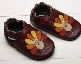 Maroon / Burgundy Baby Shoes Leather, Infant / Toddler Shoes, Soft Sole Baby Booties/ Moccasins, Girl, Boy, Peacock Baby, Turkey Baby Gifts
