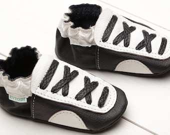 Zwart-witte babyschoenen / sneakers, leren babyschoenen, babyschoenen met zachte zool, babymoccs, peuter- / babyschoenen, sportbabygeschenken, Evtodi