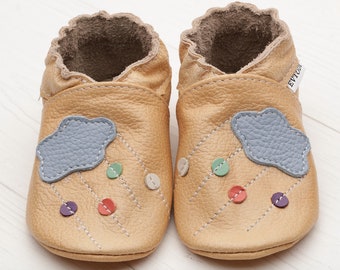 Tan Baby Shoes with Gray Cloud, Leather Baby Shoes, Soft Sole Kids Shoes, Baby Moccasins, Infant/Toddler Shoes, Newborn Booties, Girls, Boys