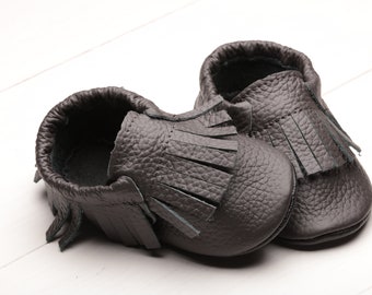 Dark Gray, Baby Shoes, Leather Baby Moccasins, Soft Sole Baby Shoes, Toddler Moccasins, Infant Shoes, Boys, Girls, Evtodi