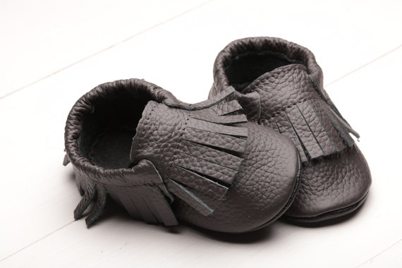 Dark Gray Baby Shoes Leather Baby Moccasins Soft Sole Baby