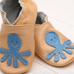 Tan Baby Shoes, Leather Baby Shoes, Soft Sole Baby Shoes, Baby Moccasins, Infant Shoes, Crib Shoes, Girls&#39;, Boys, Blue Octopus Gifts, Evtodi