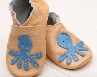 Tan Baby Shoes, Leather Baby Shoes, Soft Sole Baby Shoes, Baby Moccasins, Infant Shoes, Crib Shoes, Girls', Boys, Blue Octopus Gifts, Evtodi