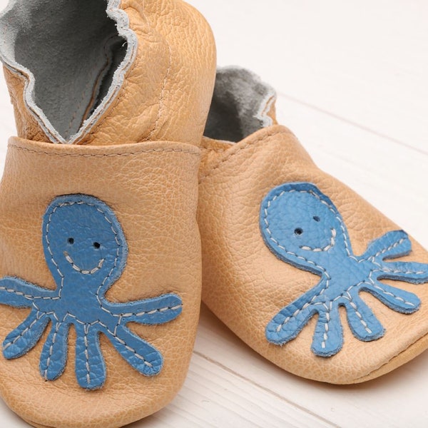 Tan Baby Shoes, Leather Baby Shoes, Soft Sole Baby Shoes, Baby Moccasins, Infant Shoes, Crib Shoes, Girls', Boys, Blue Octopus Gifts, Evtodi