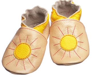 Tan Leather Baby Shoes with Sun, Celestial, Soft Sole Baby Shoes, Toddlers Moccs, Walker Shoes, Infant Shoes, Newborn Booties, Shower Gift