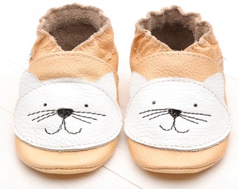 Tan Baby Shoes, Leather Baby Shoes, Soft Sole Toddler Shoes, Infant Slippers, Newborn Booties, Girls', Boys', Cat Baby Shower Gifts, Evtodi