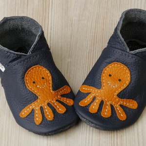 Navy Blue Baby Shoes, Leather Baby Shoes, Soft Sole Toddler/Infant Shoes, Baby Moccasins/Booties, Crib Shoes, Girl, Boy, Orange Octopus Gift