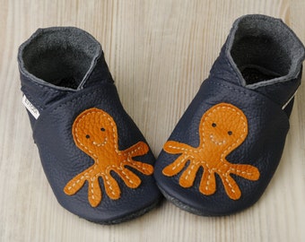 Navy Blue Baby Shoes, Leather Baby Shoes, Soft Sole Toddler/Infant Shoes, Baby Moccasins/Booties, Crib Shoes, Girl, Boy, Orange Octopus Gift